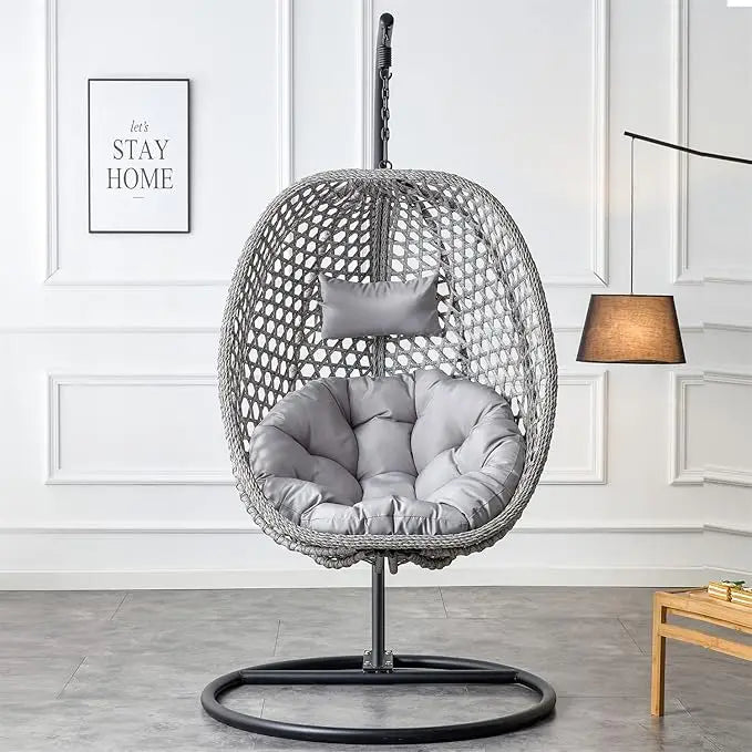 Standing vine hanging egg swing chair, foldable basket indoor or outdoor, cushion and pillow relaxation swing chair
