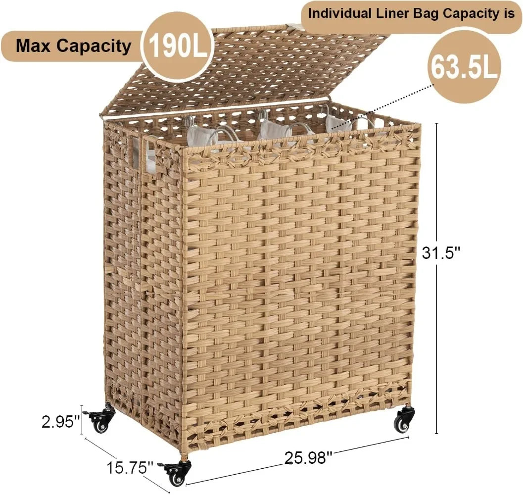 Laundry Hamper with Wheels&Lid, 50.2 Gallons(190L) Rolling Laundry Basket with Wheels, 3-Section Laundry Hamper