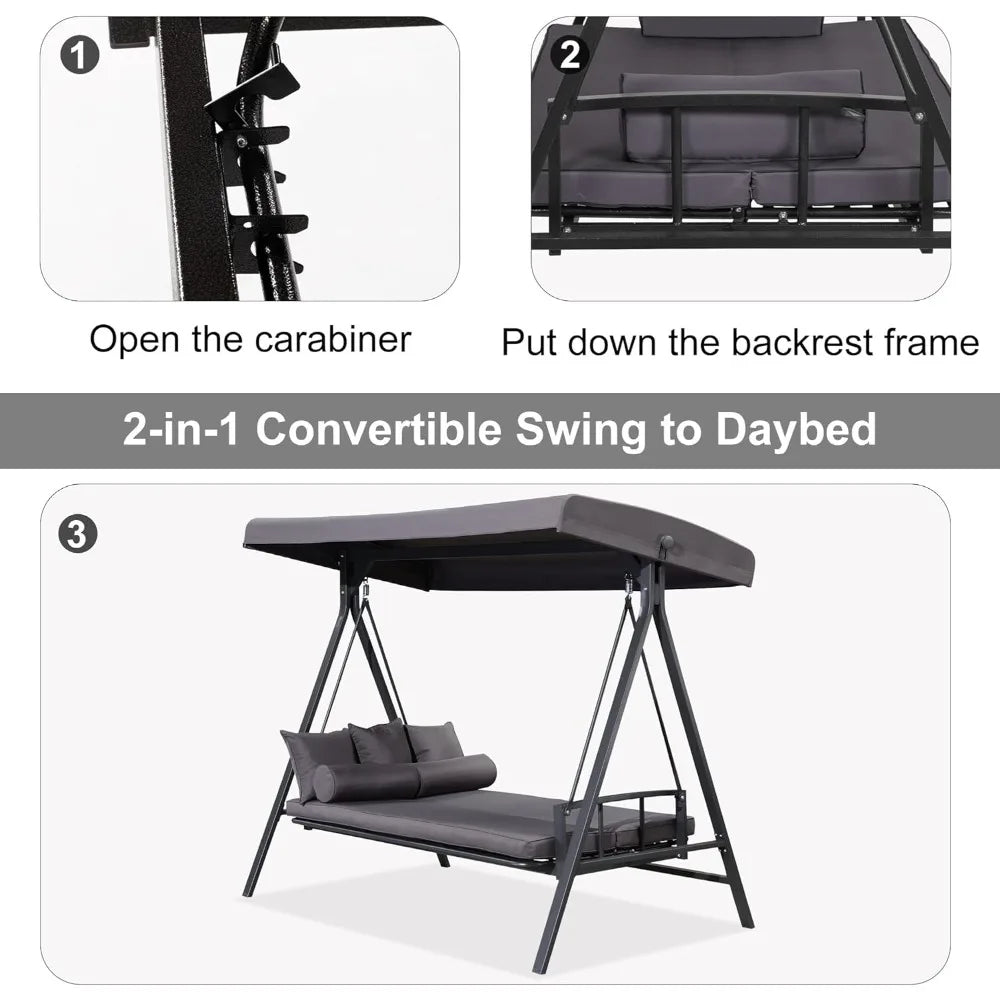 Outdoor Patio Porch Swing Adjustable Backrest, 3-seat Swing Chair with Weather Resistant Steel Frame for Backyard Front Porch L