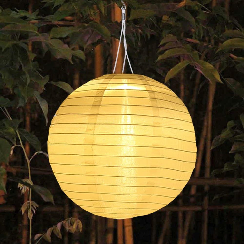 Chinese Round Hanging Lamp, Solar Printed Lantern, Waterproof Nylon LED Light, Outdoor Garden Party Decoration, 12"