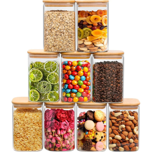 37oz Glass Storage Containers with Lids, Glass Jars with Lids, Clear Food Storage Jar, Square Glass Canister Set of 9, Pantry