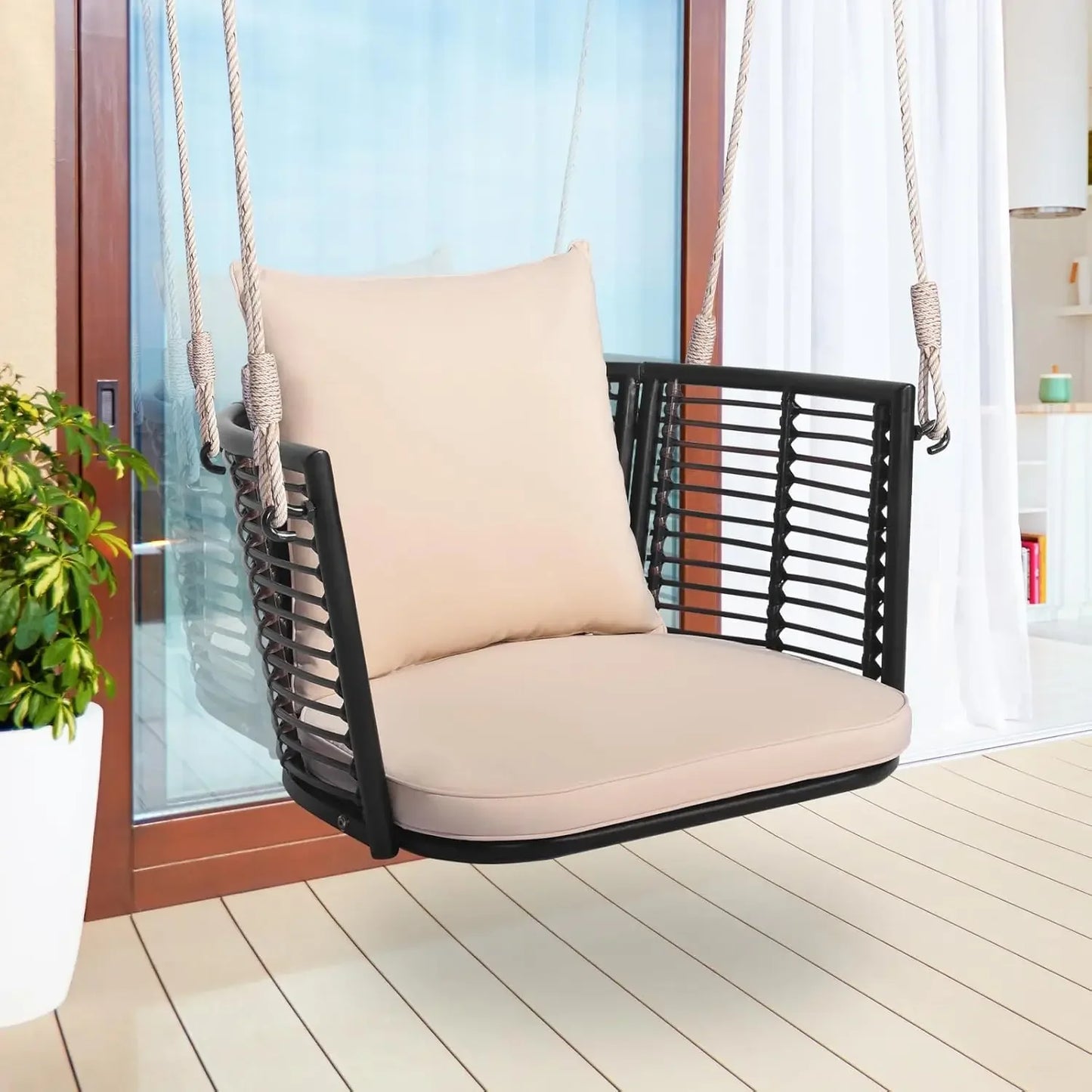 Outdoor Metal Porch Swing, Single Person Hanging Seat w/Woven Rattan Backrest, 2 Sturdy Hanging Ropes,