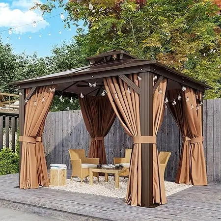 10'x12' Hardtop Gazebo, Aluminum Frame Permanent Pavilion with Curtains and Netting, Outdoor Polycarbonate Double Roof Canopy,
