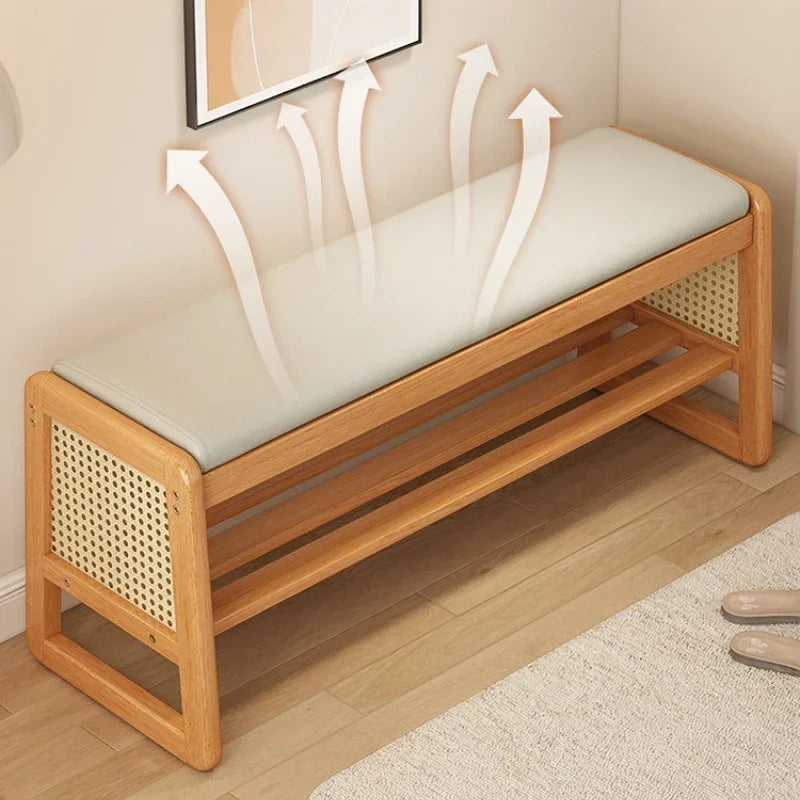 Teng woven shoe changing stool, entrance door, home door, multi-layer storage, solid wood, can sit on shoe stool