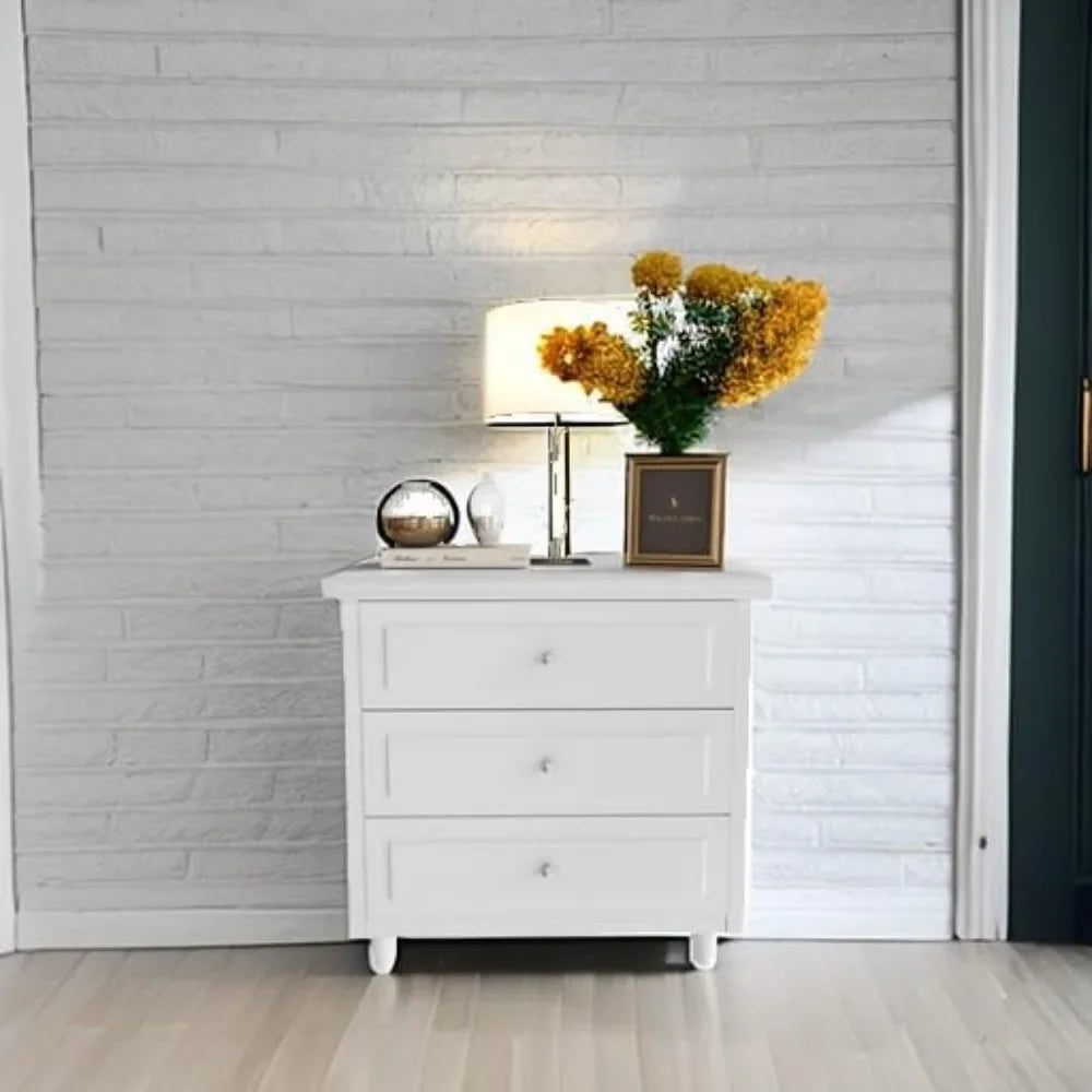 3 Drawers Nightstand, with Wood Legs,Modern White Drawers Dresser Bedside Nightstand,Ideal for Bedroom,Living Room