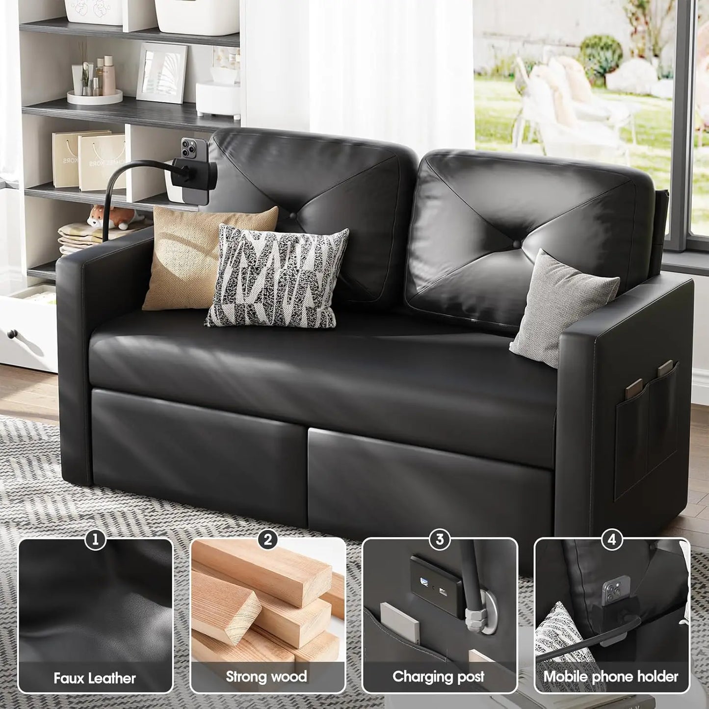 Vabches Leather Loveseat Sofa 2-Seater Sofa with Charging Ports&Storage Comfy Solid Wooden Frame Couches for Living Room Bedroom