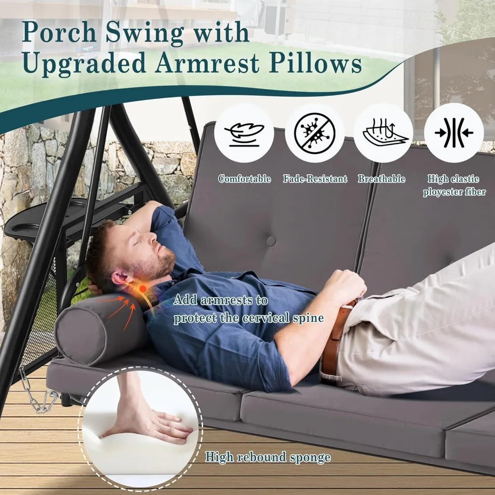 3-Seat Outdoor Patio Swings with Canopy Adjustable Porch Swing with Stand, Upgrade Pillows Cushions and Foldable Side Tray for