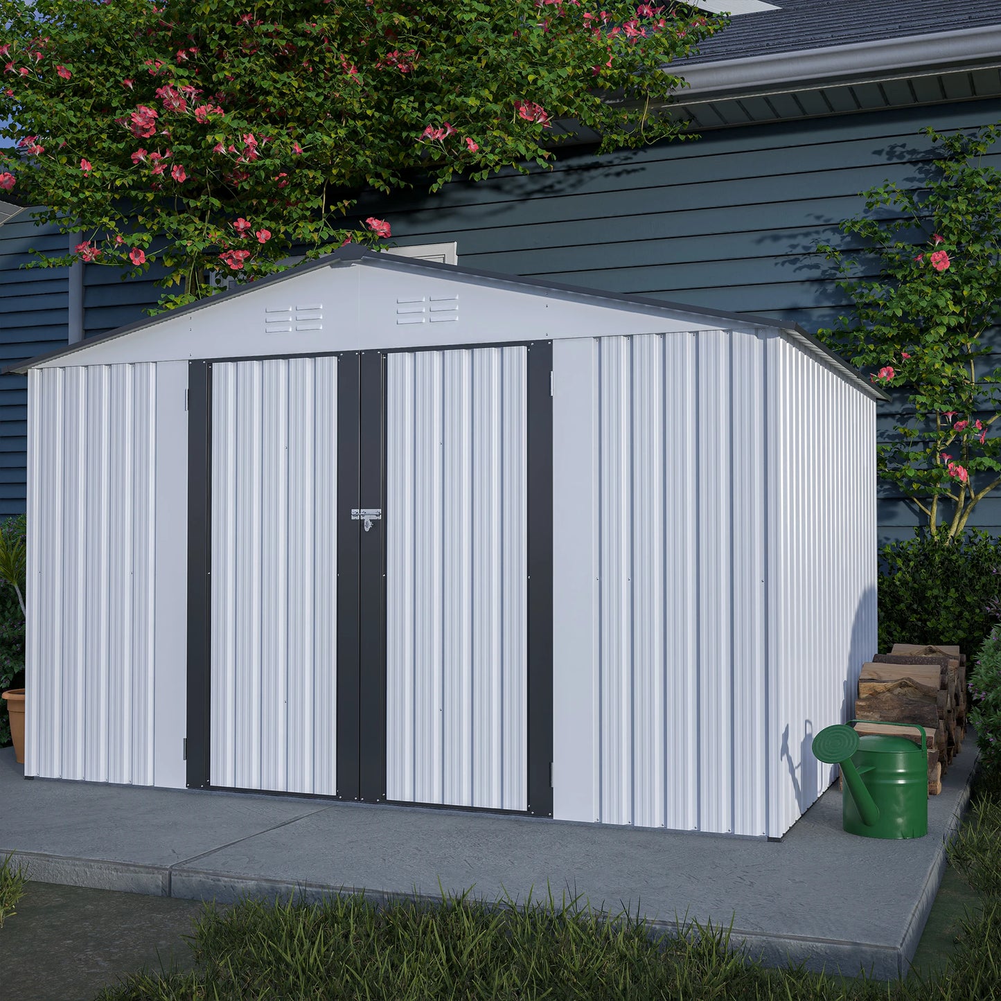 LZBEITEM 10X8 FT Outdoor Storage Shed, All Weather Metal Sheds with Lockable Doors, Tool Shed for Garden, Patio, Backyard, White