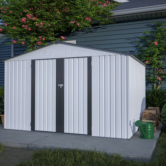 LZBEITEM 10X8 FT Outdoor Storage Shed, All Weather Metal Sheds with Lockable Doors, Tool Shed for Garden, Patio, Backyard, White