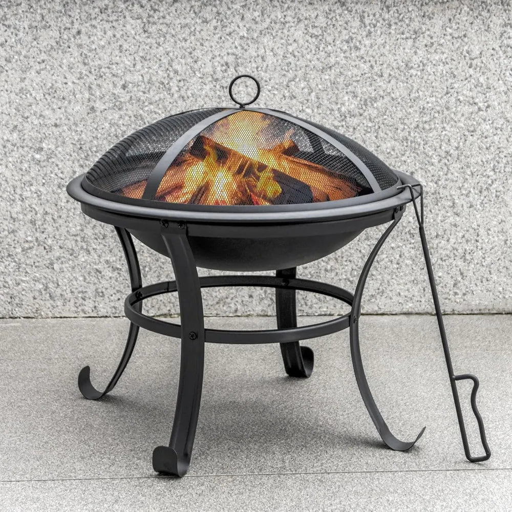 22 in Firepit for Outside Outdoor Small Fire Pit,Durable Firepit with Mesh Lid,Log Grate,and Fire Poker,Fire Pit for Outside Bac