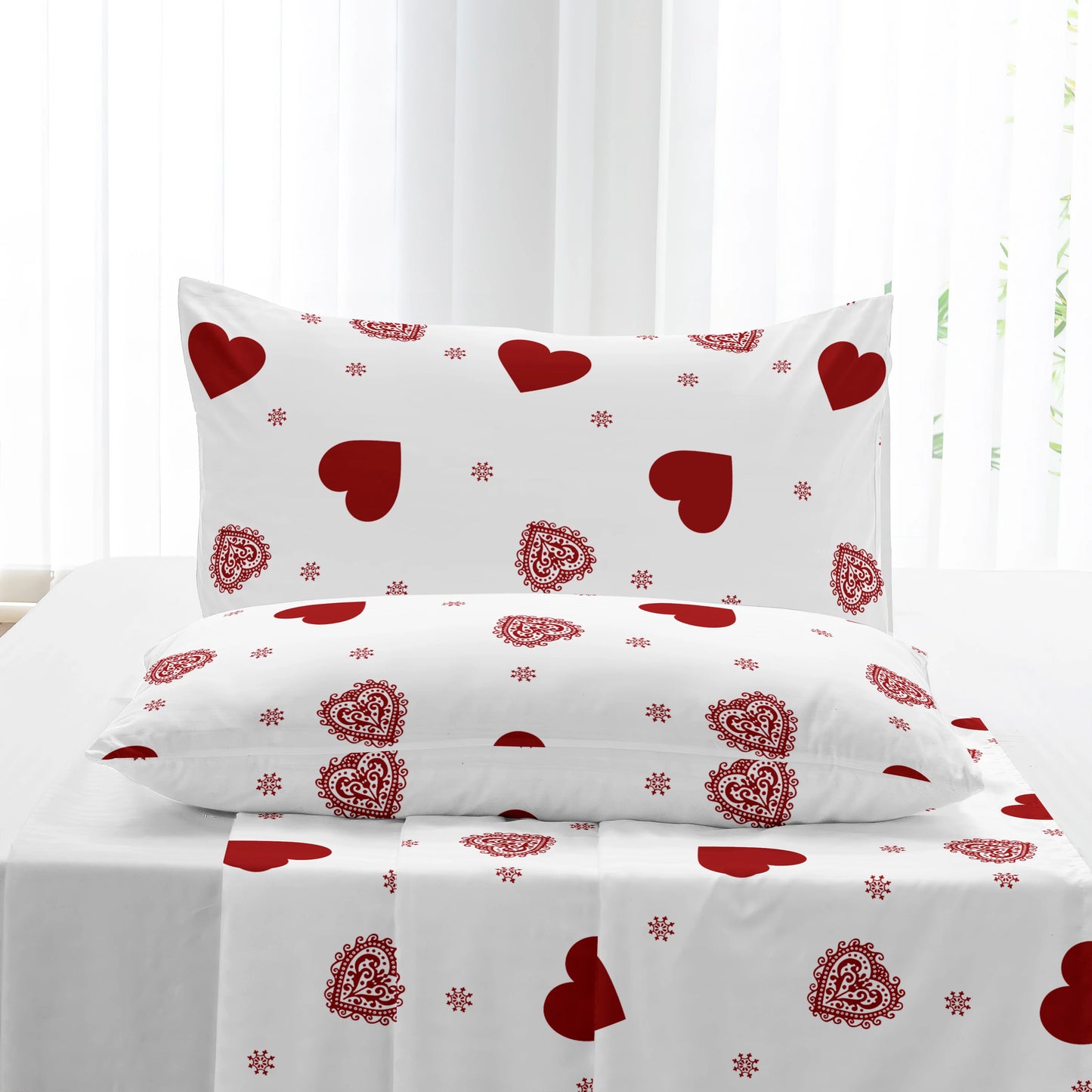 3pcs Valentine's Day Heart Print Bed Canopy Pillowcase Set Romantic Love Theme Red Heart Design Fitted Sheet Suitable for Girls