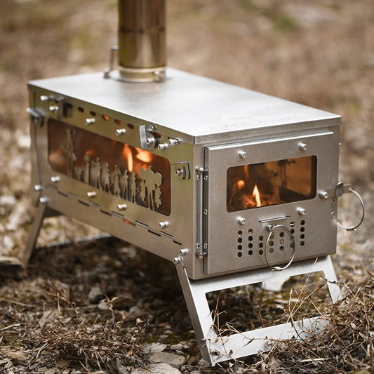 One Piece Folding Stainless Steel & Titanium Wood Burning Camping Stove – Portable Outdoor Fire Pit for BBQ, Hiking, Picnic, Sur