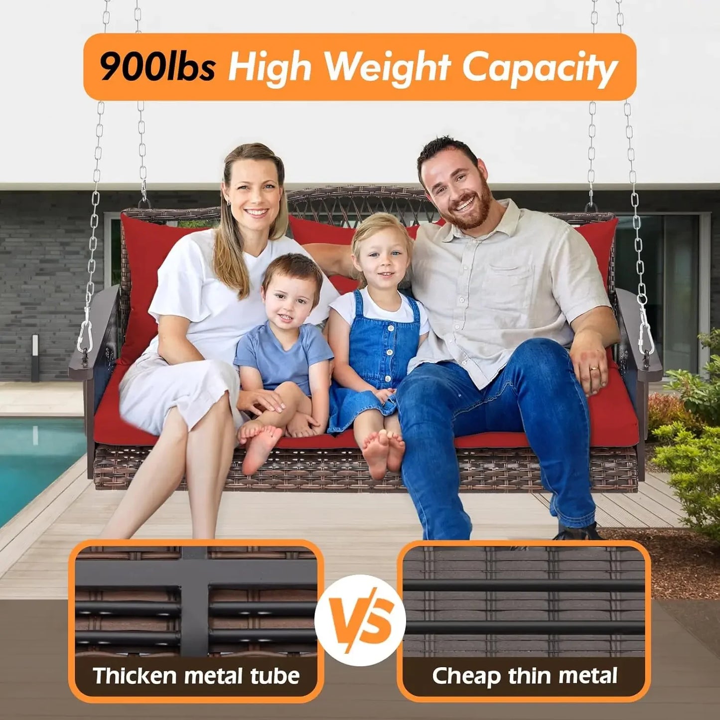 Upgraded Wicker Hanging Porch Swing Heavy Duty 900 LBS 3-Seat Outdoor Patio Swing Chair Bench for Adult w/ 8.9ft Hanging