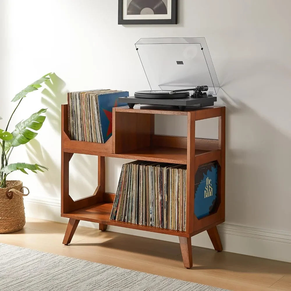 Asheville Mid-Century Modern Media Console Record Player Stand, Storage for Vinyl Records, Walnut, Medium
