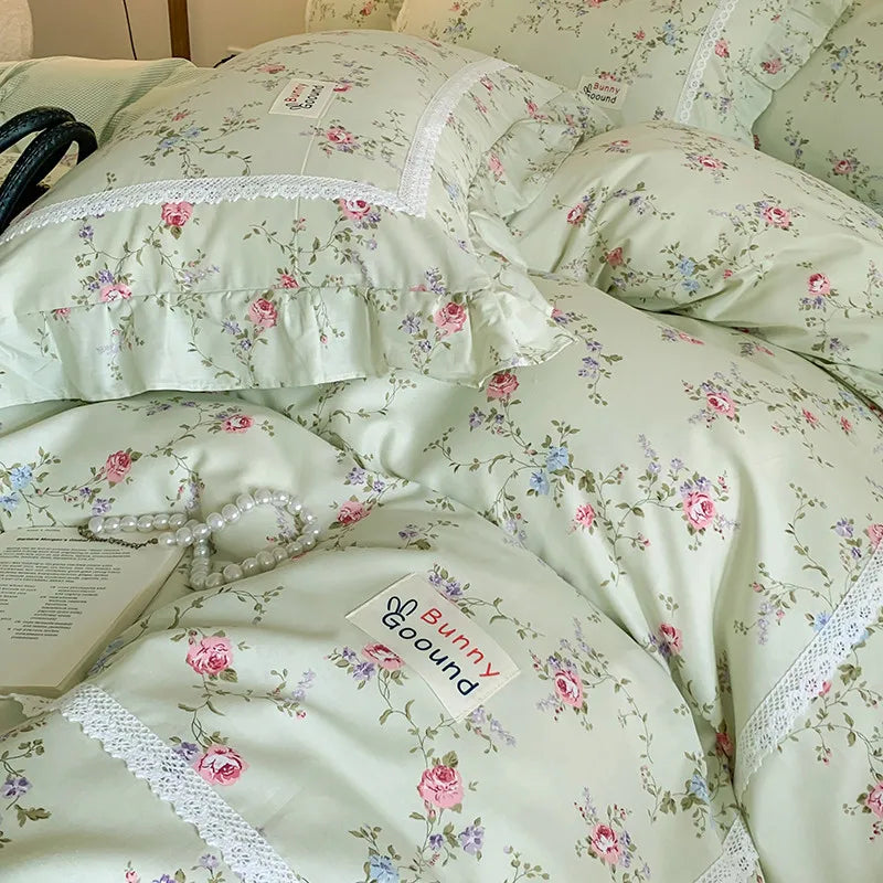 100% Cotton Spring Garden Flowers Botanical Chic Ruffles Soft Comfortable Double Queen (1Duvet Cover+1Bed Sheet+2Pillowcases)