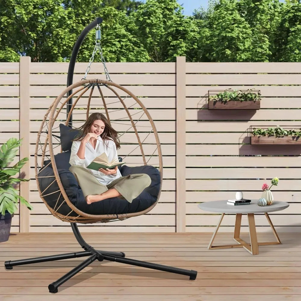 Egg Chair with Stand, Uv-Proof Pe Wicker Hanging Chair for Outdoor Patio, Cushioned Hammock Swing for Bedroom Garden Indoor/Outd