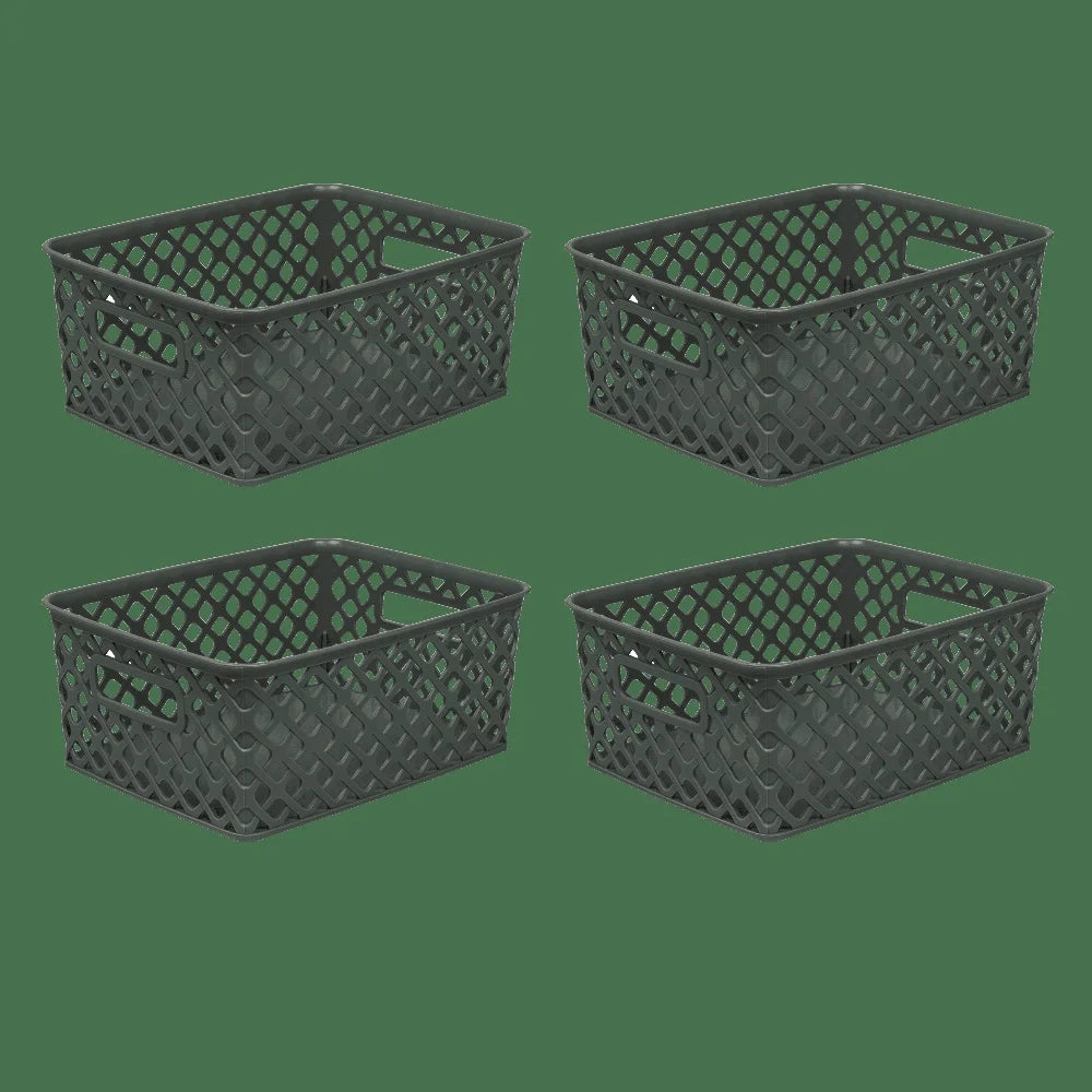Set of 4 Small Decorative Plastic Storage Baskets with Cut-Out Handles Organizing Toys Tools Pantry Garage and More