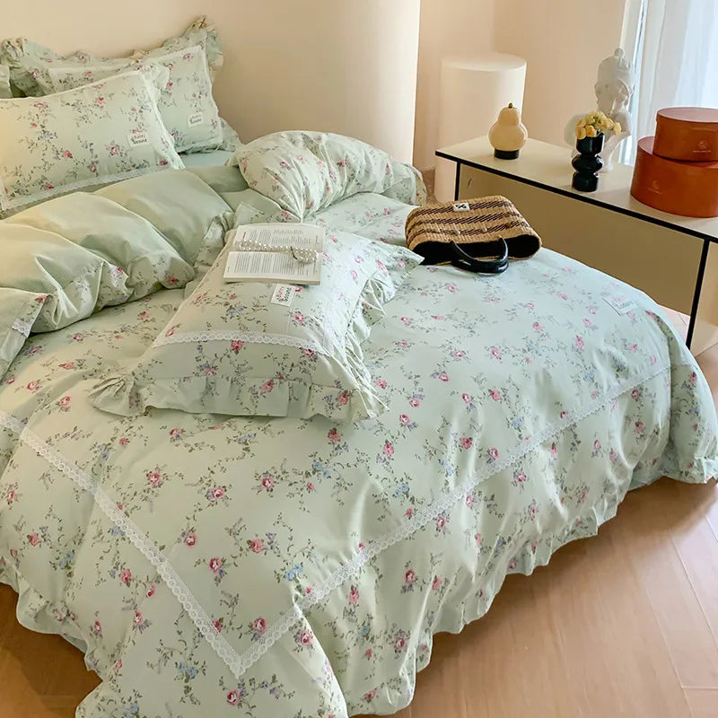 100% Cotton Spring Garden Flowers Botanical Chic Ruffles Soft Comfortable Double Queen (1Duvet Cover+1Bed Sheet+2Pillowcases)