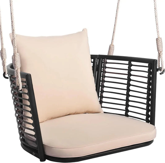 Outdoor Metal Porch Swing, Single Person Hanging Seat w/Woven Rattan Backrest, 2 Sturdy Hanging Ropes,