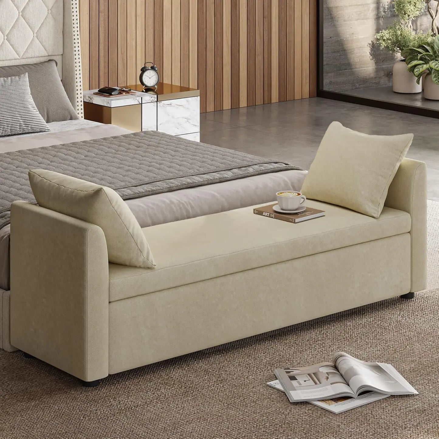 EcoHarbor Storage Ottoman Bench with Pillows, End of Bed Bedroom Bench with Arms, Footrest Stool for Living, Dining Room