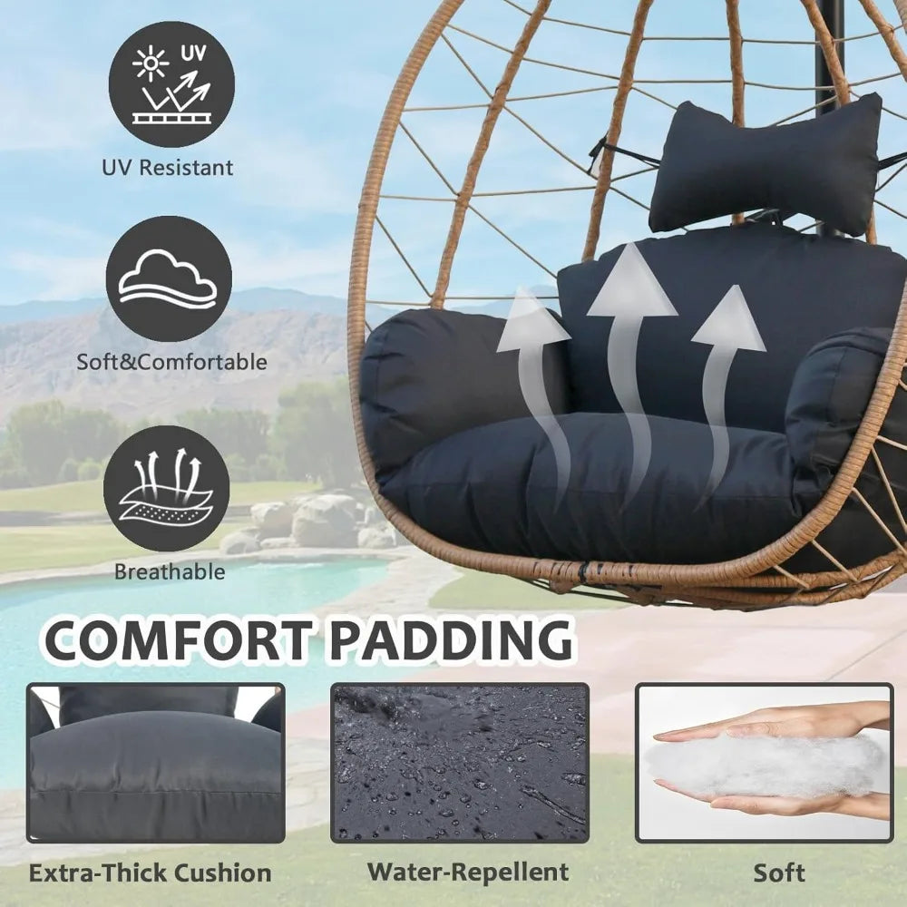 Egg Chair with Stand, Uv-Proof Pe Wicker Hanging Chair for Outdoor Patio, Cushioned Hammock Swing for Bedroom Garden Indoor/Outd