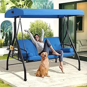3-Seat Outdoor Patio Swings with Canopy Adjustable Porch Swing with Stand, Upgrade Pillows Cushions and Foldable Side Tray for