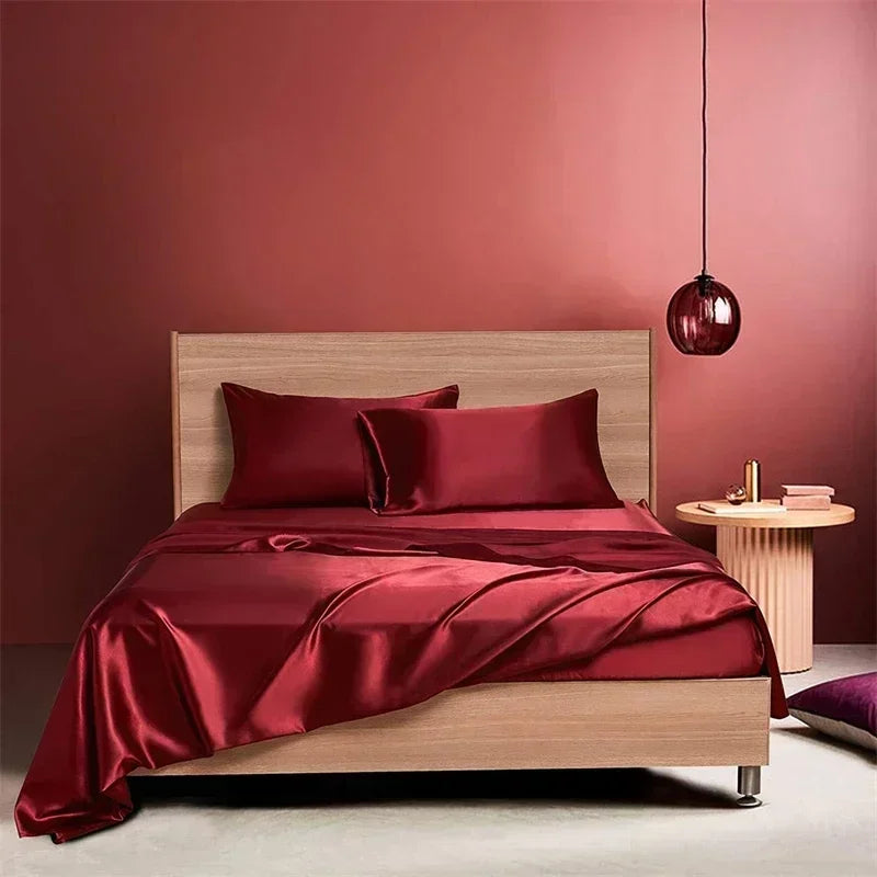High End Satin Fabric Queen Size Bed Sheet Set Luxury Grade A Bed Linen Set Solid Silky King Size Bed Cover Set Bedsheet Sets
