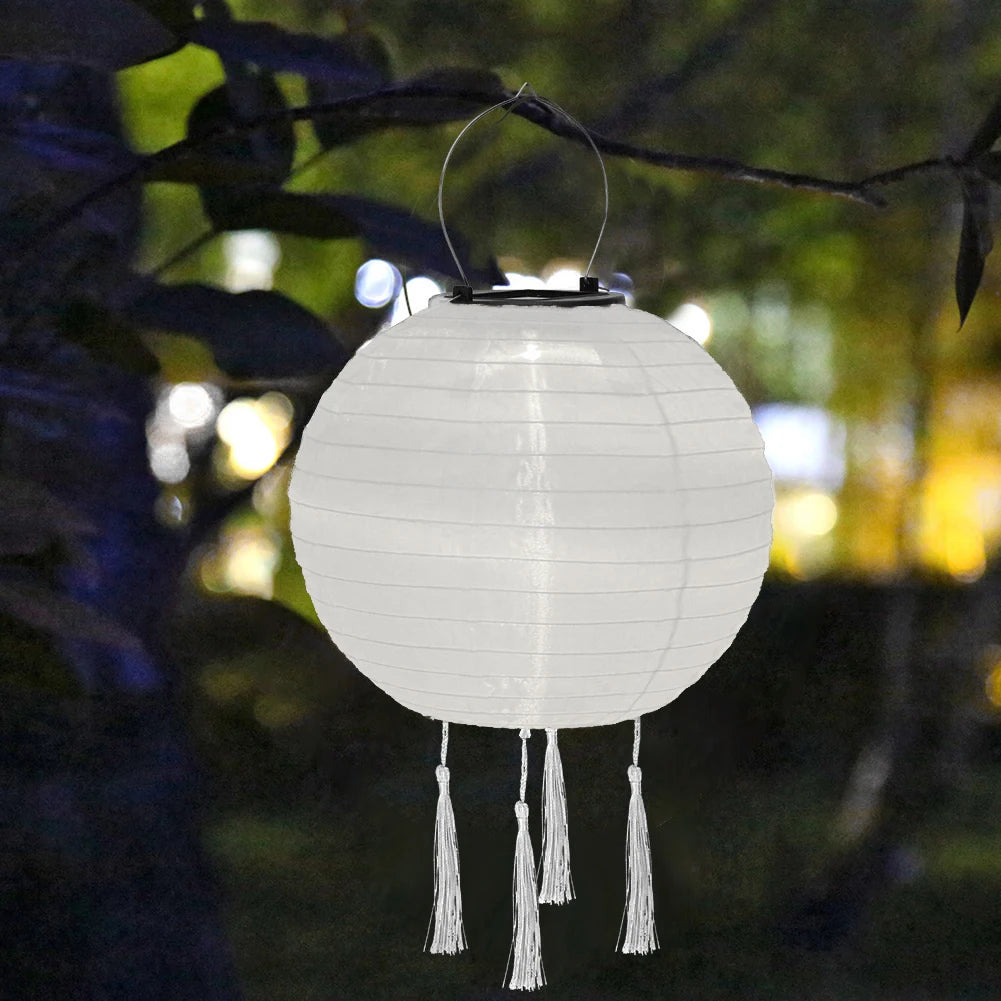 Chinese Round Hanging Lamp, Solar Printed Lantern, Waterproof Nylon LED Light, Outdoor Garden Party Decoration, 12"