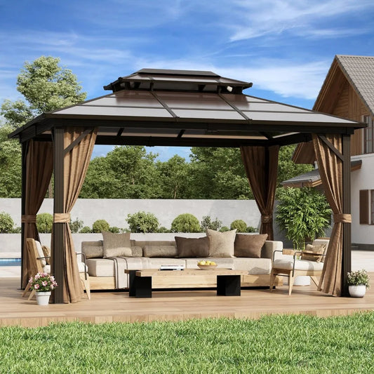10'x13' Hardtop Gazebo, Outdoor Polycarbonate Double Roof Canopy, Aluminum Frame Permanent Pavilion with Curtains and Netting,