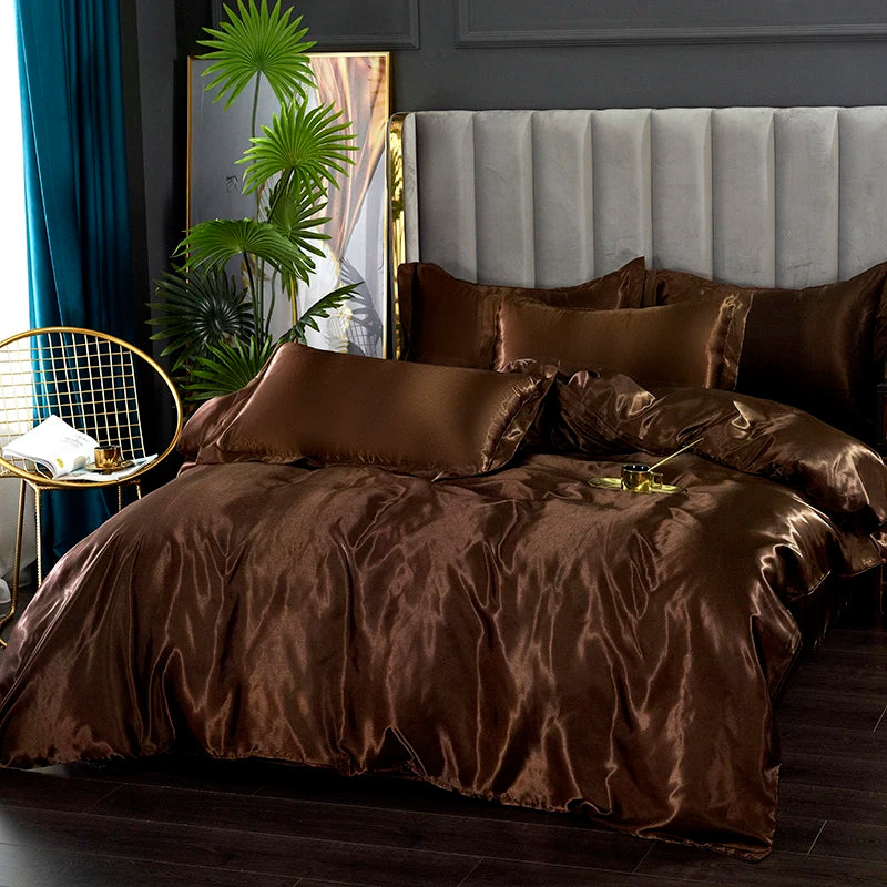 Solid Satin Bedding Set Including Duvet Covers, Bed Sheets, Pillowcases 220x240cm, Free Shipping