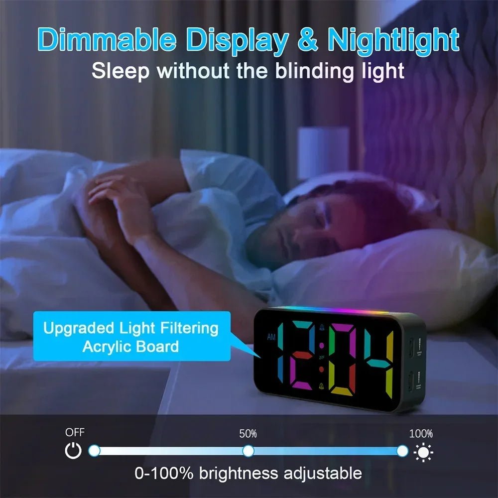 Super Loud Vibrating RGB Digital Alarm Clock Mood Light Bed Vibrator Snooze 2 Alarms USB Powered Table Clock for Heavy Sleeper