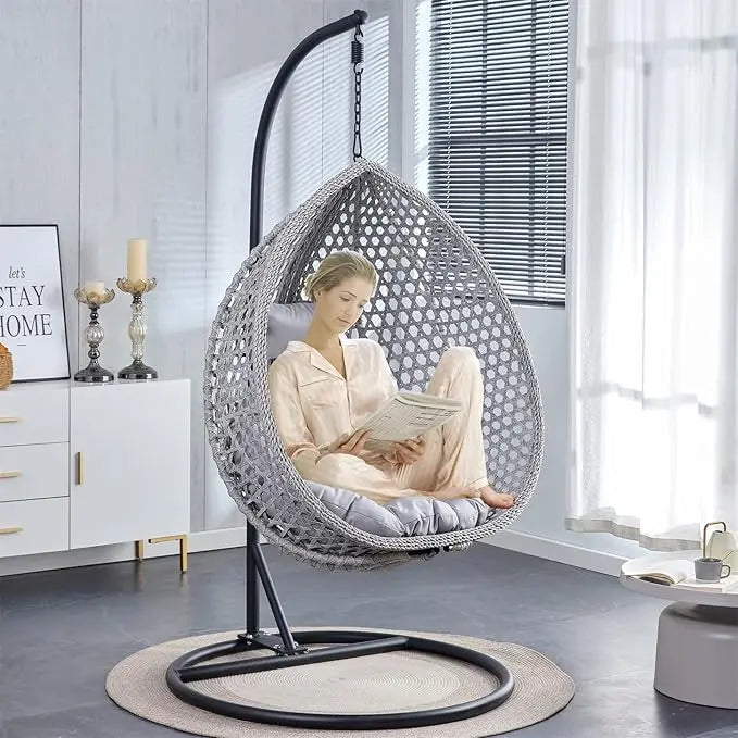 Standing vine hanging egg swing chair, foldable basket indoor or outdoor, cushion and pillow relaxation swing chair