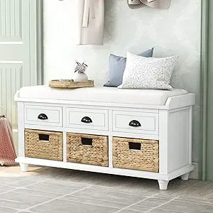 SOFTSEA Wood Storage Bench with 3 Drawers, 3 Rattan Baskets, Rattan Entryway Bench with Removable Cushion Home Organizer Bench(W