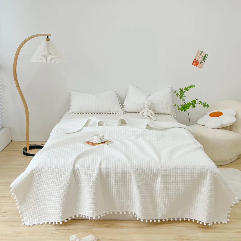 INS Style White Ball Edge Quilted Quilt Blanket Bedspread Washed Solid Color Korean Princess Style Summer Thin Quilt 1/3Pc