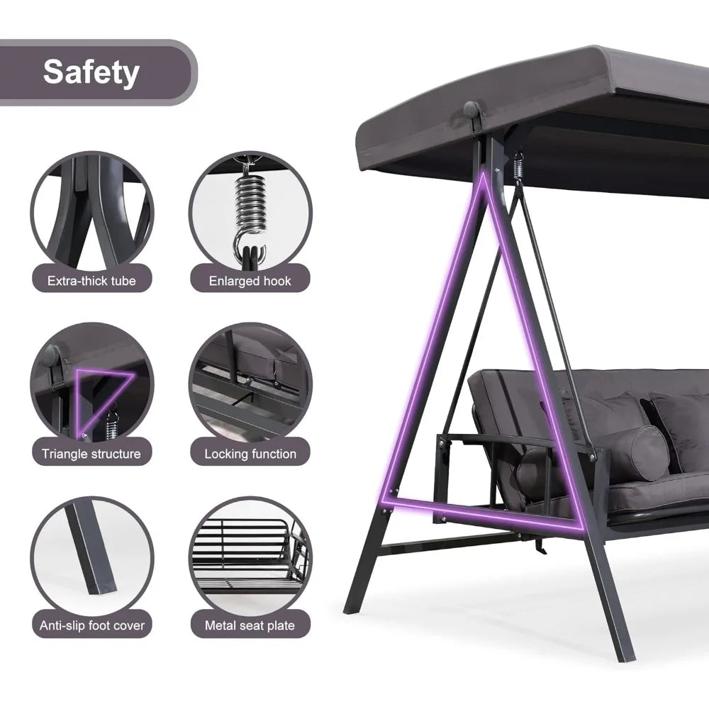 Outdoor Patio Porch Swing Adjustable Backrest, 3-seat Swing Chair with Weather Resistant Steel Frame for Backyard Front Porch L