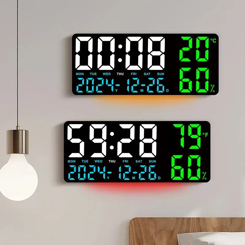 Large digital LED mood light wall clock with remote control temperature and humidity display alarm multi-functional alarm clock