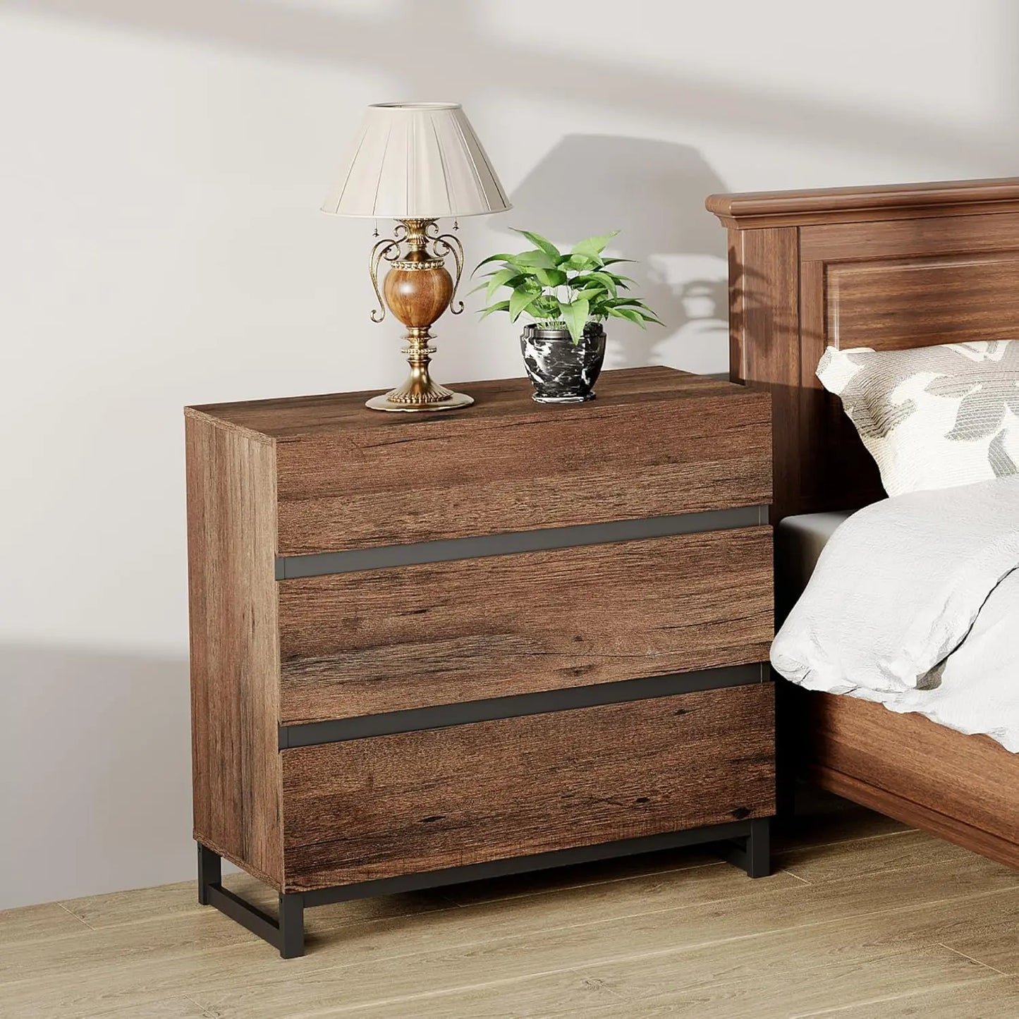 Nightstand with 3 Drawers for Bedroom, Modern Bedside Table with Square Iron Leg, Wood Rustic Side End Table