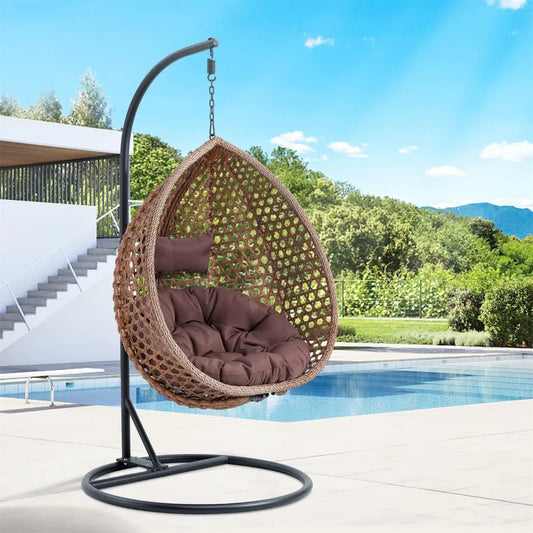Standing vine hanging egg swing chair, foldable basket indoor or outdoor, cushion and pillow relaxation swing chair