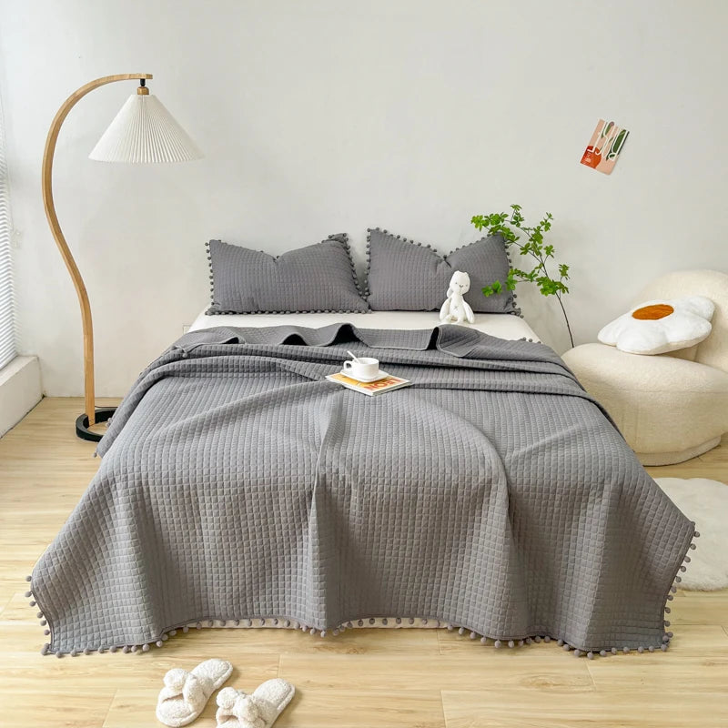 INS Style White Ball Edge Quilted Quilt Blanket Bedspread Washed Solid Color Korean Princess Style Summer Thin Quilt 1/3Pc