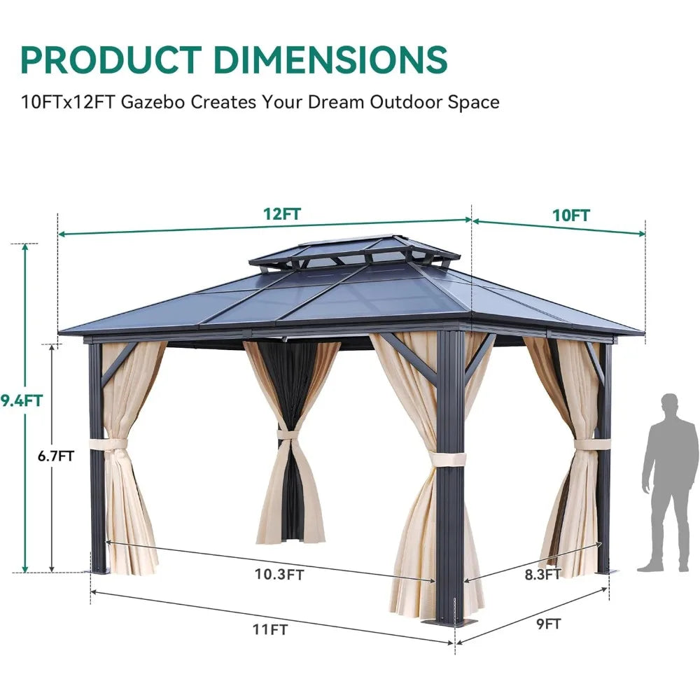 10x12FT Gazebo Hard-Top Double Roof Canopy Outdoor with Netting and Shaded Curtains, Aluminum Frame Polycarbonate Hardtop Garde
