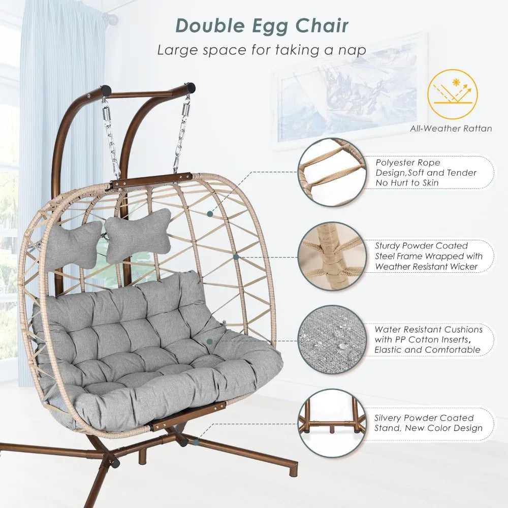 Double Egg Chair Outdoor Indoor, Oversized 2 Person Swing with Stand, All-Weather Wicker Hanging Loveseat, 700 LBS Heavy Duty P