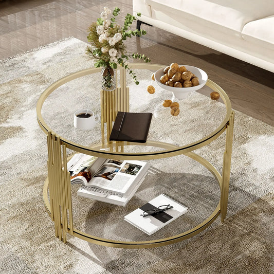 Modern Glass Coffee Table in 31.5", Asymmetrical Metal, Circular Metal Drum Base, Gold Finish & Lower Shelf,Café Tables