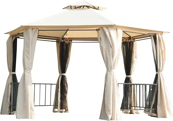13' x 13' Patio Gazebo, Double Roof Hexagon Outdoor Gazebo Canopy Shelter with Netting & Curtains, Solid Steel Frame for Garden