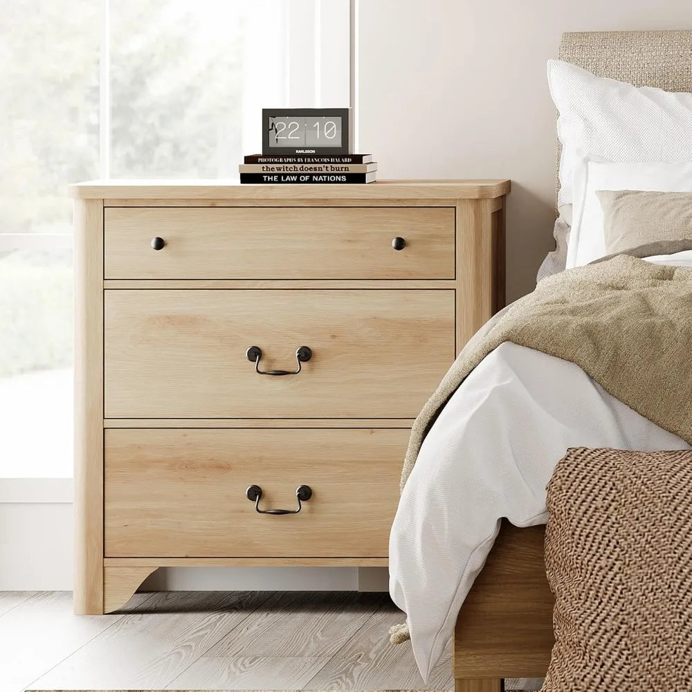 3 Drawer Dresser, 31.5 Inch Wood Nightstand with Storage, Modern Oak Dresser Wood Chest of Drawers with Curved Profile