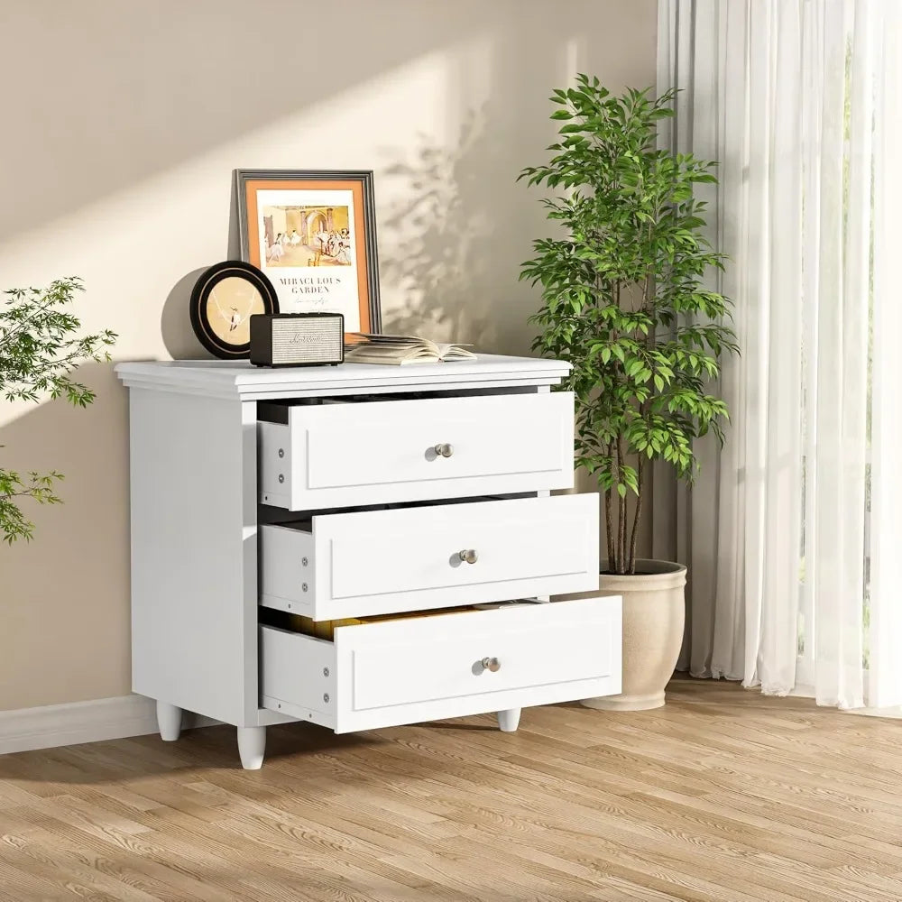 3 Drawers Nightstand, with Wood Legs,Modern White Drawers Dresser Bedside Nightstand,Ideal for Bedroom,Living Room