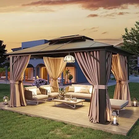 10'x12' Hardtop Gazebo, Aluminum Frame Permanent Pavilion with Curtains and Netting, Outdoor Polycarbonate Double Roof Canopy,