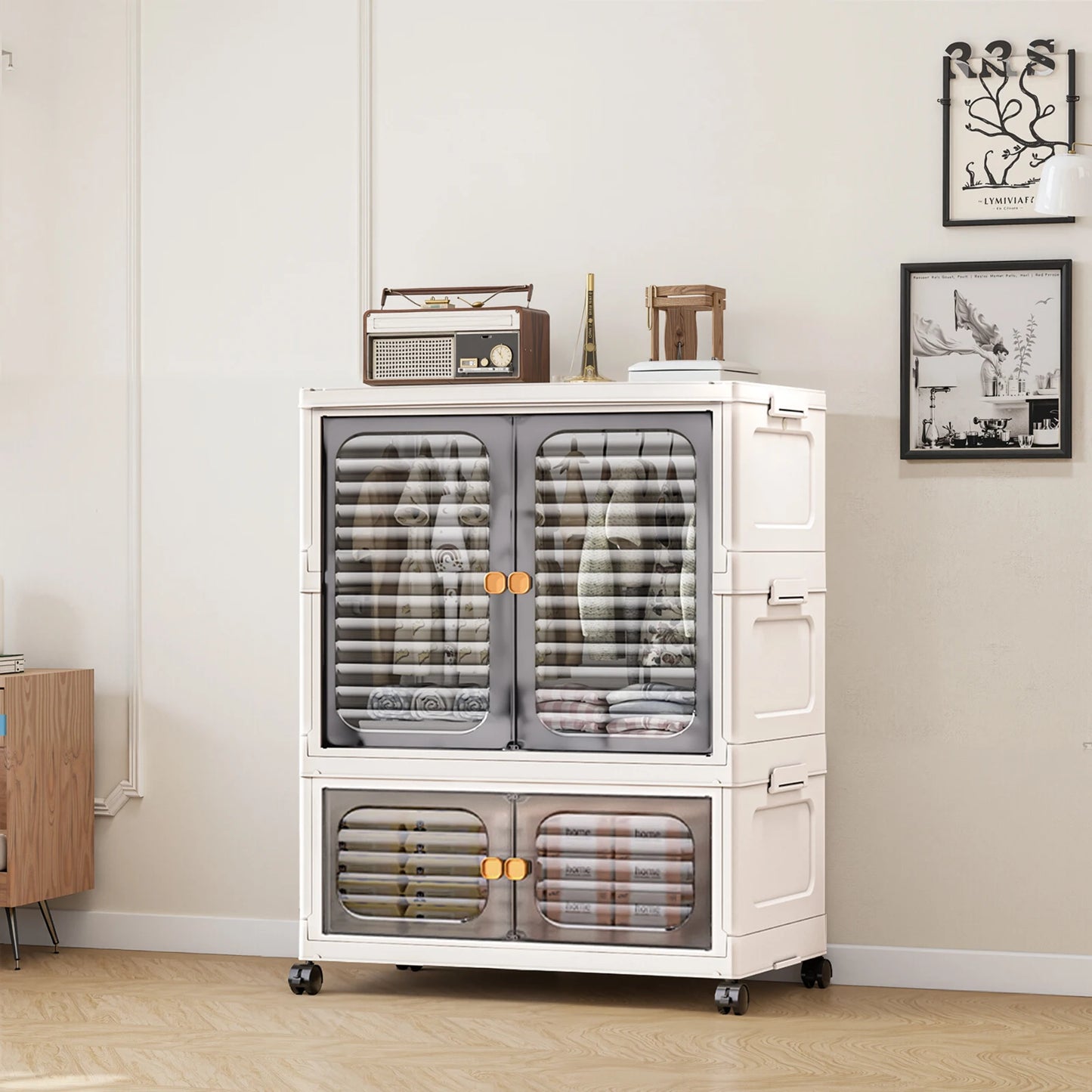 Foldable Multi-layer Plastic Storage Box with Wheels,Clothing Storage Cabinet,Folding Storage Cabinet Small Wardrobe Storage Box