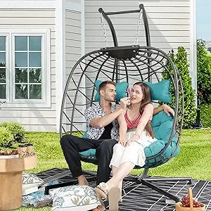 Double Egg Chair Outdoor Indoor, Oversized 2 Person Swing with Stand, All-Weather Wicker Hanging Loveseat, 700 LBS Heavy Duty P