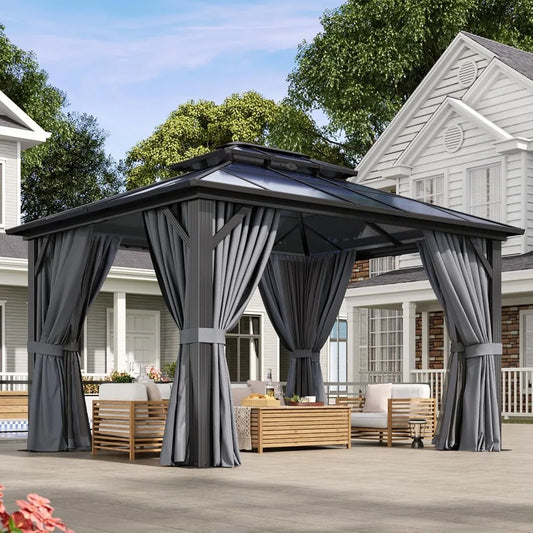 10'x12' Hardtop Gazebo, Aluminum Frame Permanent Pavilion with Curtains and Netting, Outdoor Polycarbonate Double Roof Canopy,