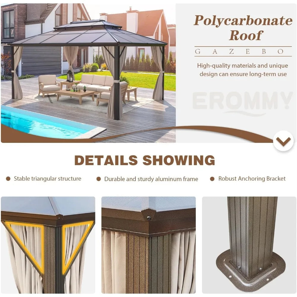 12'x16' Gazebo Polycarbonate Double Roof Pavilion Gazebo Outdoor Aluminum Frame Canopy with Netting and Curtains for Garden Pat